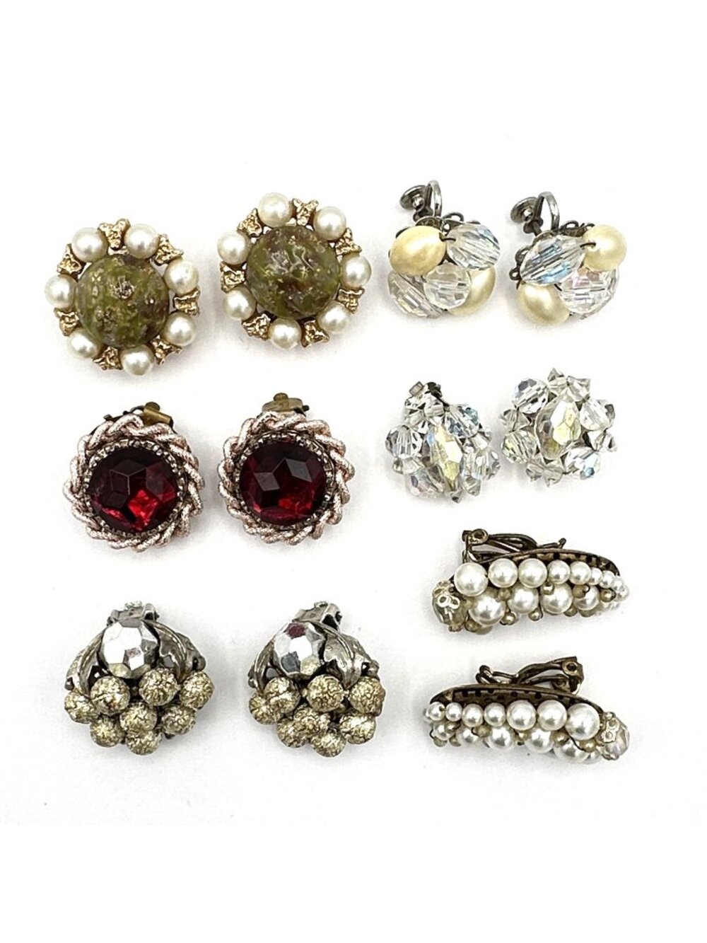CLUSTER vintage earring lot - 6 clip-ons AB beads Kramer Japan West Germany